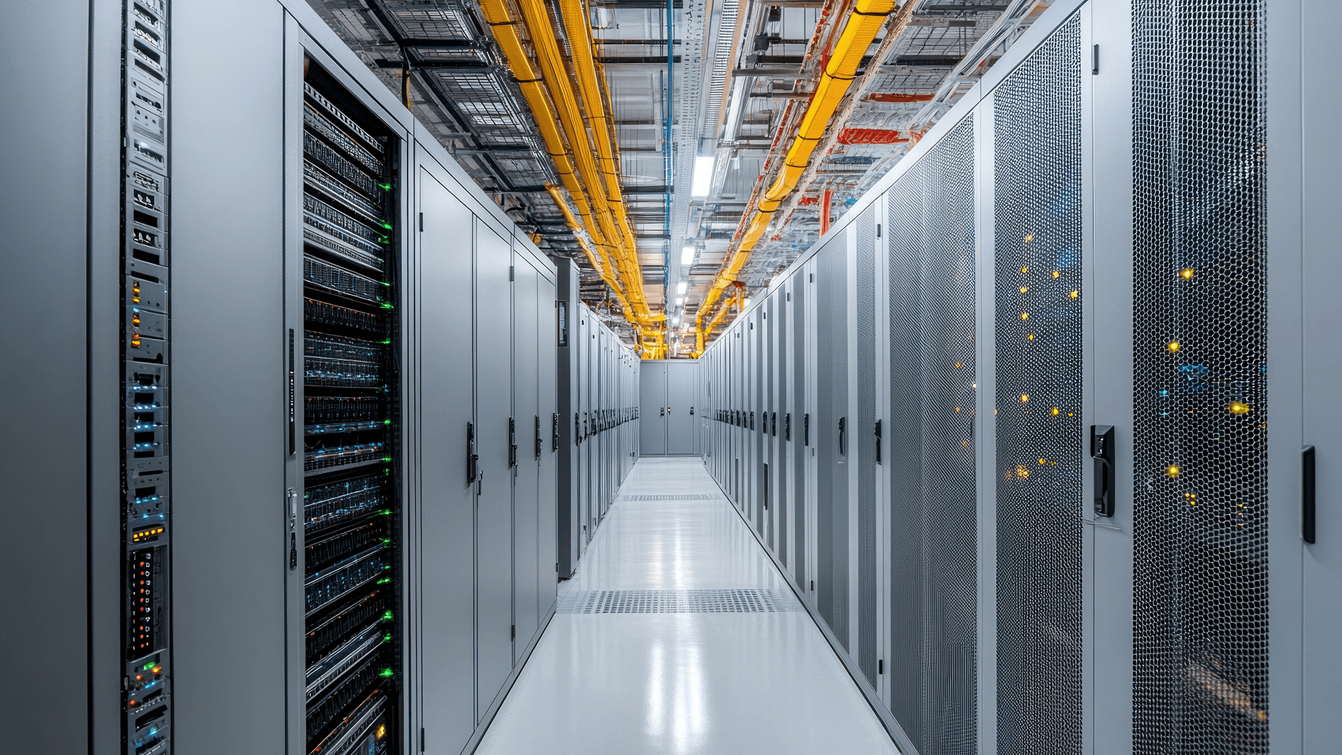 modern server racks with yellow cables on the ceiling